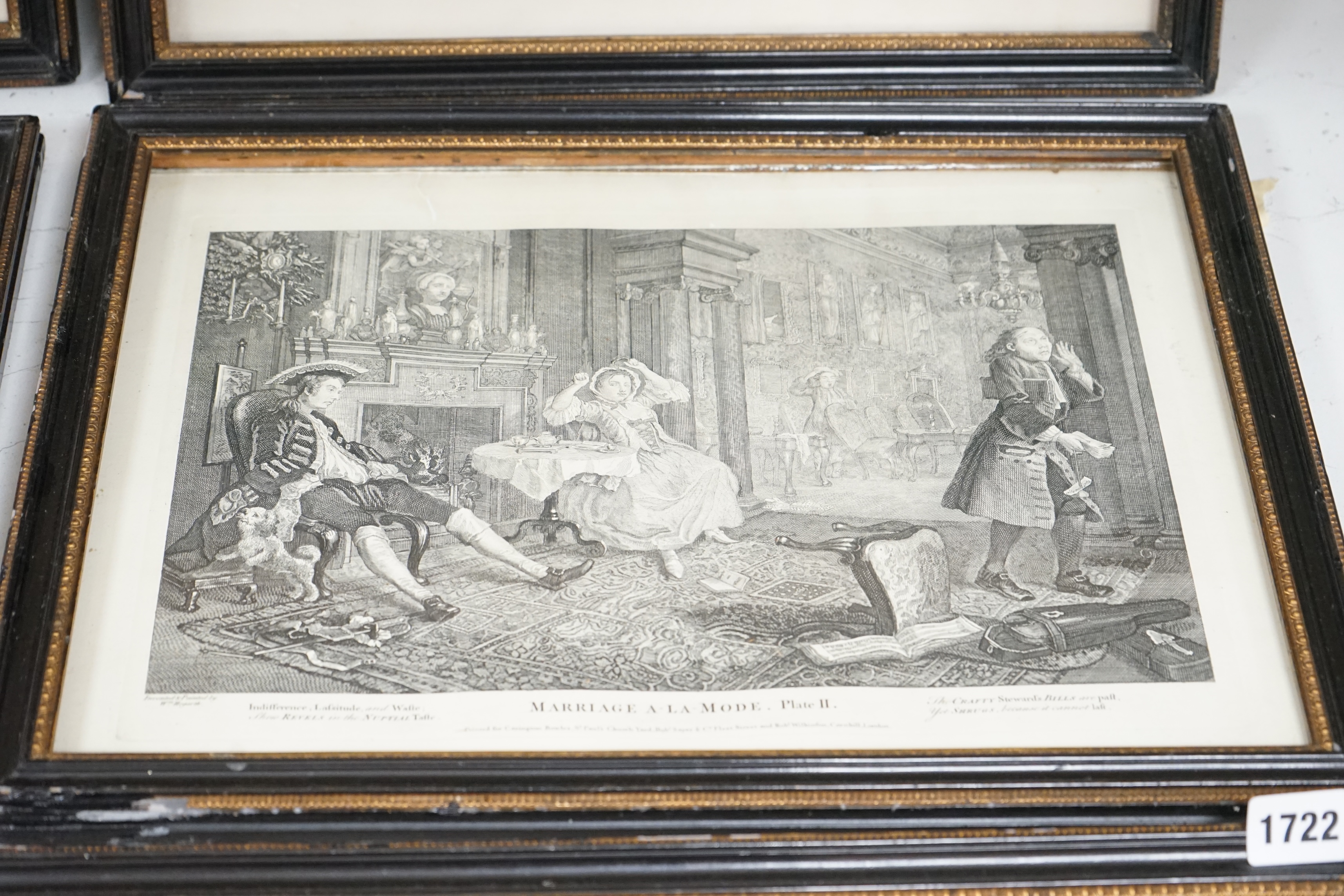After William Hogarth (1697-1764), set of six satirical engravings, ‘Marriage a la Mode’, printed for Robert Sayer and Carington Bowles, London, 30 x 40cm. Condition - fair